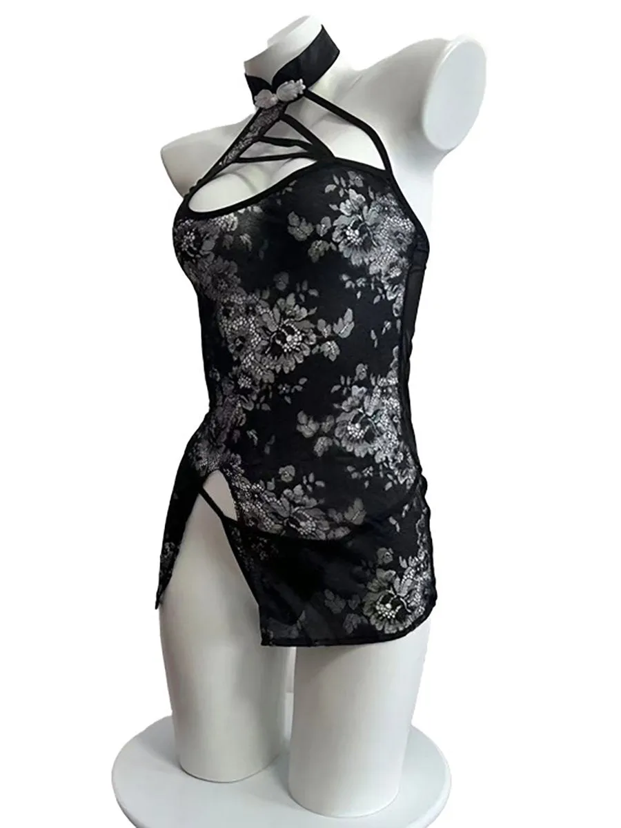 Black Floral Lace Cheongsam Lingerie