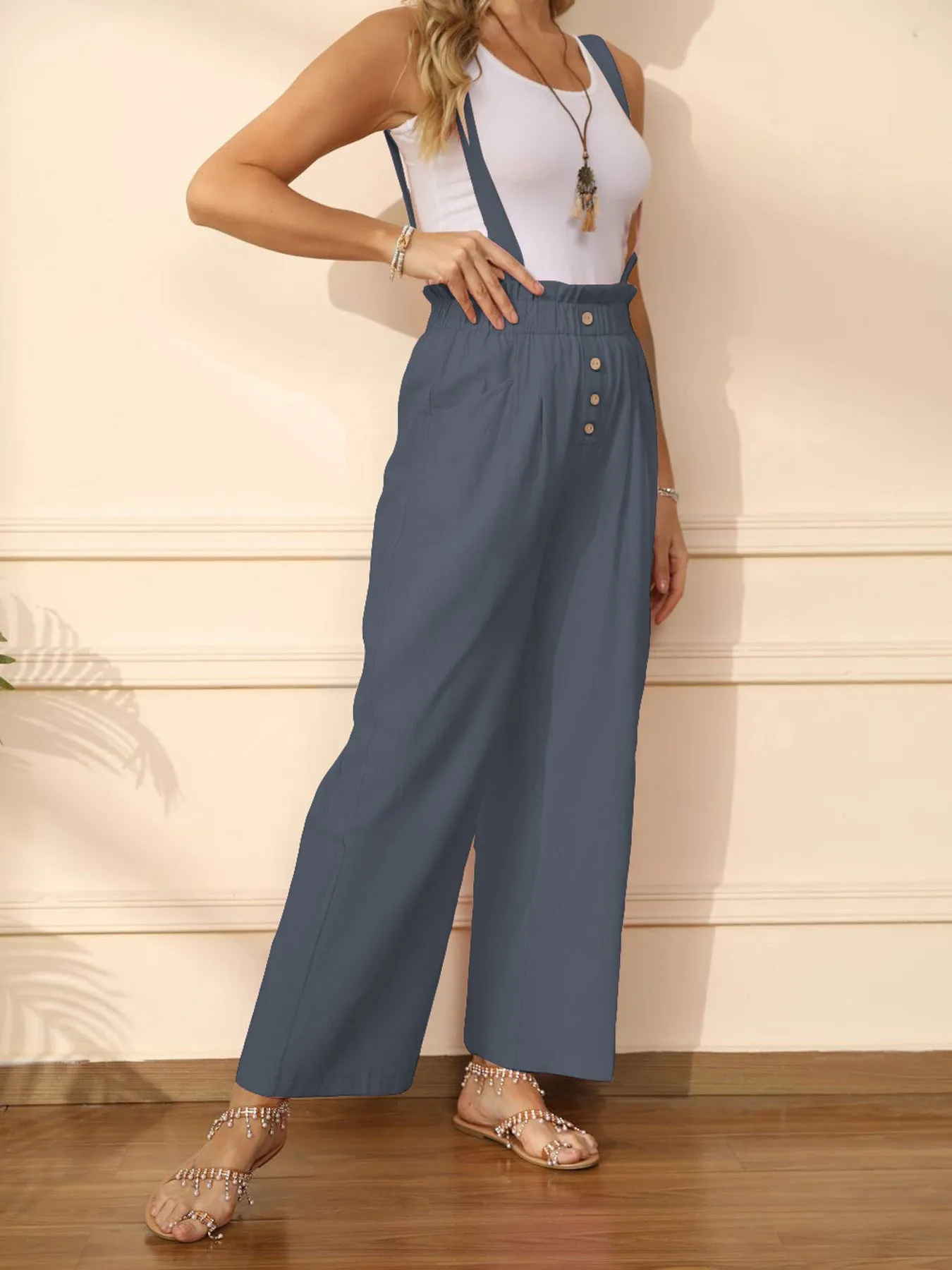 Detachable Adjustable Suspender Pants Pure Cotton Casual Straight-leg