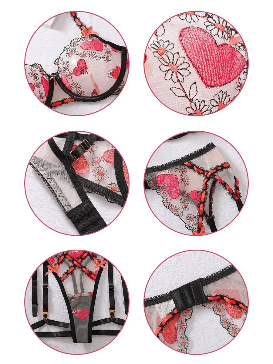 Embroidery Love Heart Bra Set