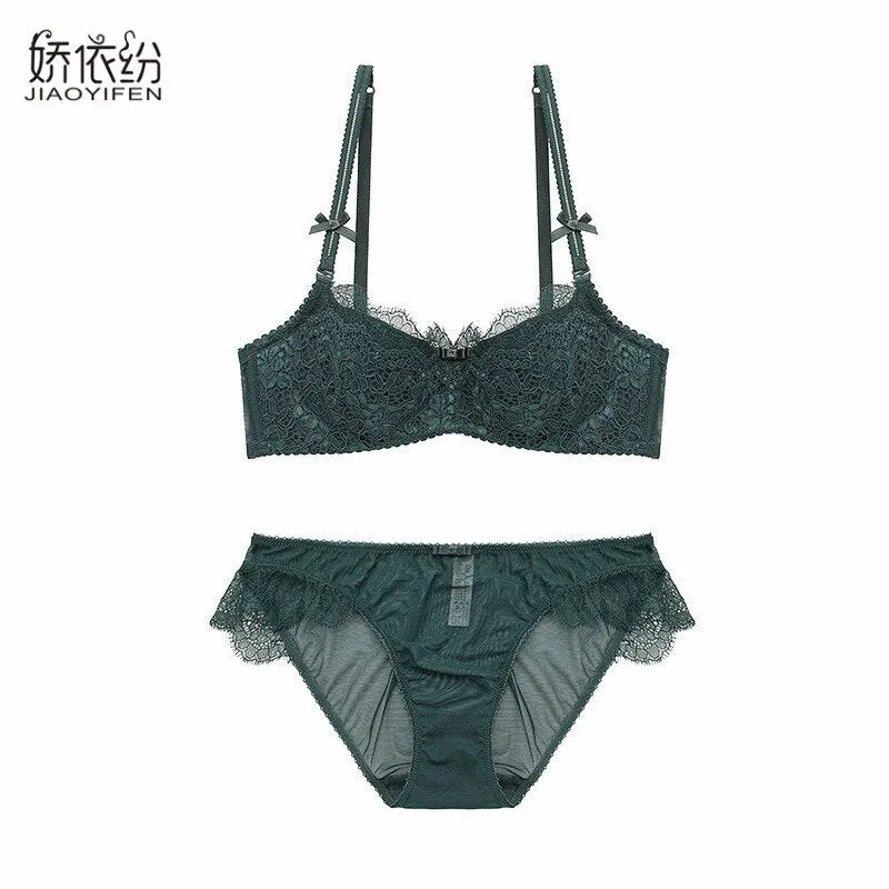 Europe new fashion design ultra thin sexy lingerie lace bra set women embroidery bra sets underwear 1/2 cup bra push cup JYF