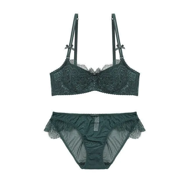 Europe new fashion design ultra thin sexy lingerie lace bra set women embroidery bra sets underwear 1/2 cup bra push cup JYF