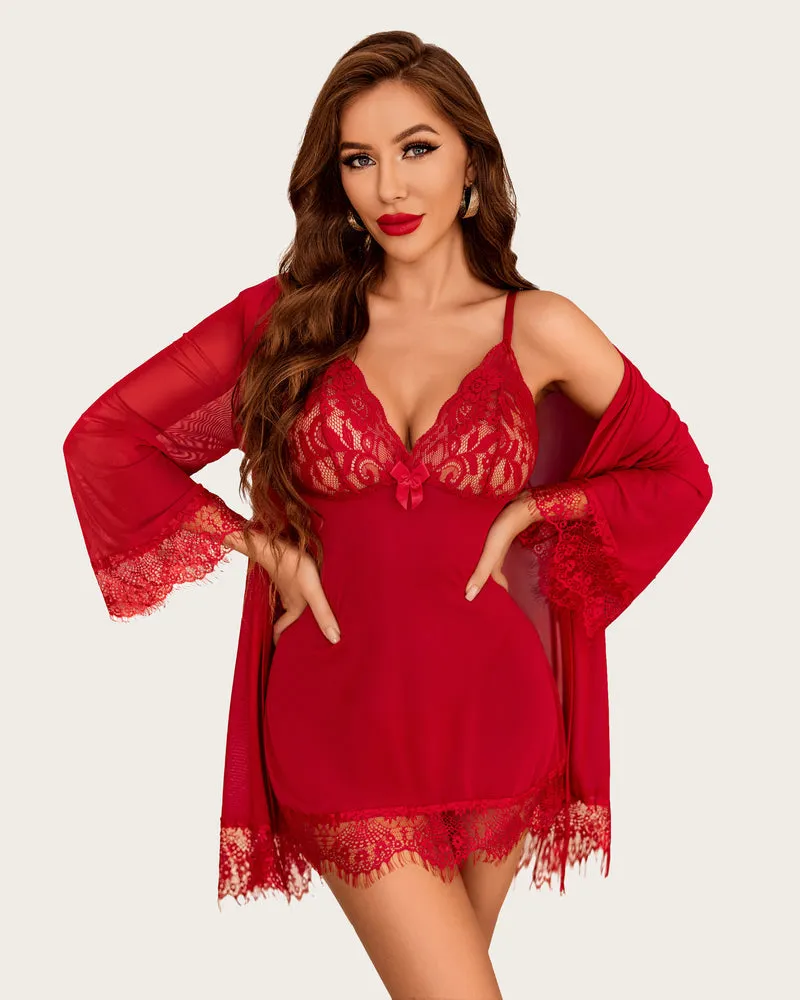 Mesh Robe Sets with Lace Dress (DE Only)