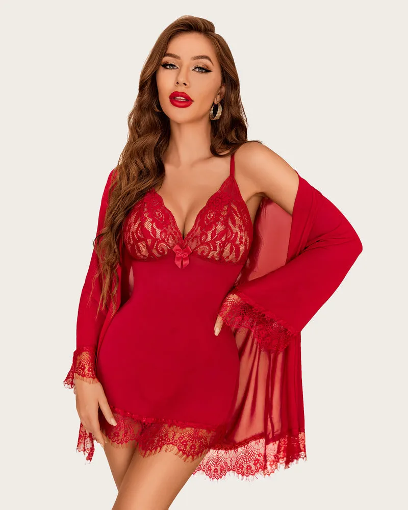 Mesh Robe Sets with Lace Dress (DE Only)