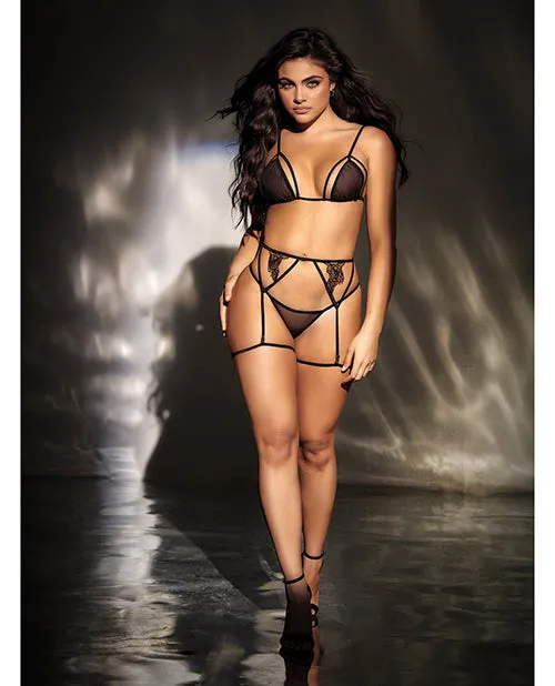 Mesh Top W/adjustable Coverage. Garter Belt & Thong Black