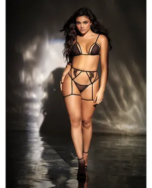 Mesh Top W/adjustable Coverage. Garter Belt & Thong Black