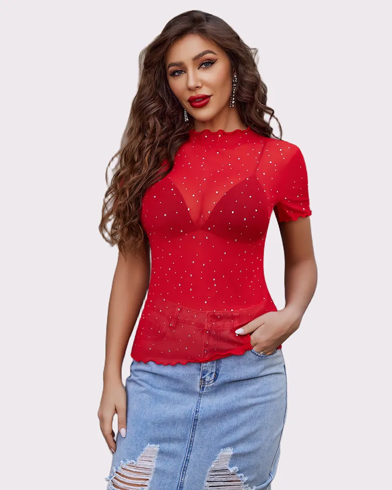 Mesh Tops Short Sleeve Rhinestone Shirts
