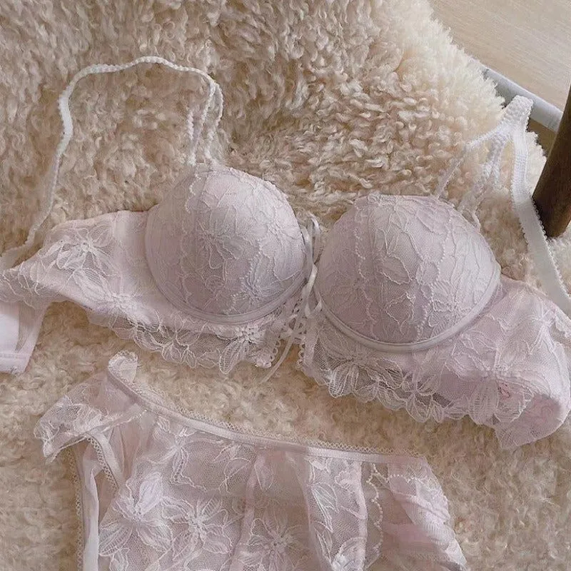 Nude Adjustable Strap Lacey Sexy Deep V Lingerie Set