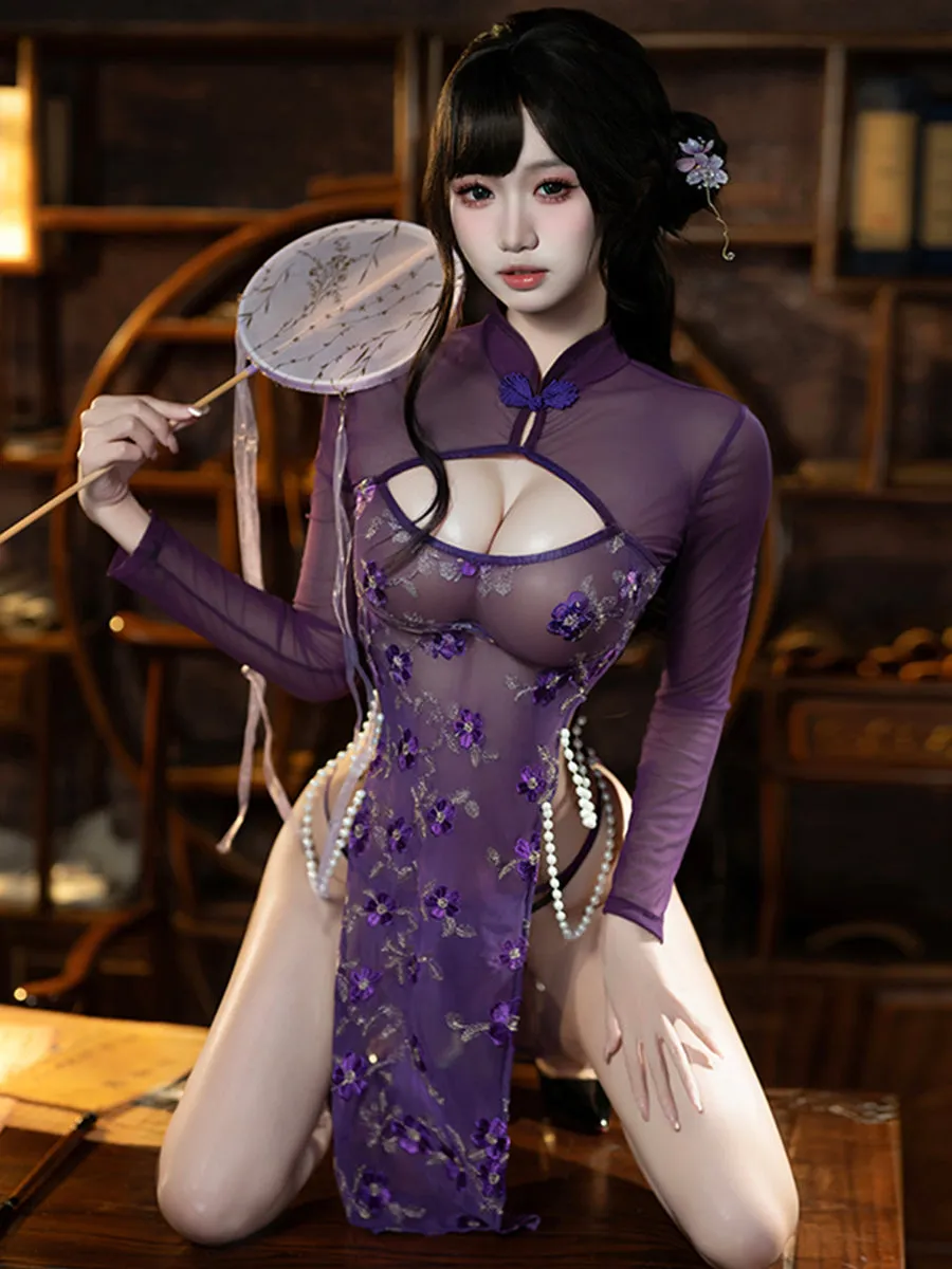 Pearl Embroidered Floral Cheongsam Lingerie