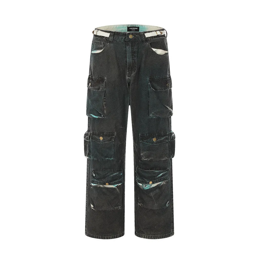 Personalized Multi-pocket Workwear Style Jeans European And American High Street Loose Adjustable Belt
