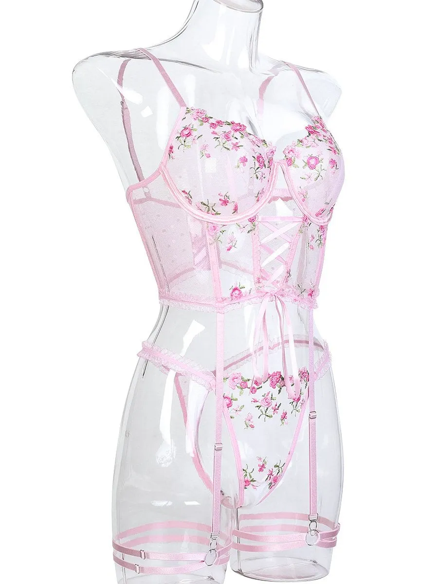 Pink Embroidery Floral Bustier Set
