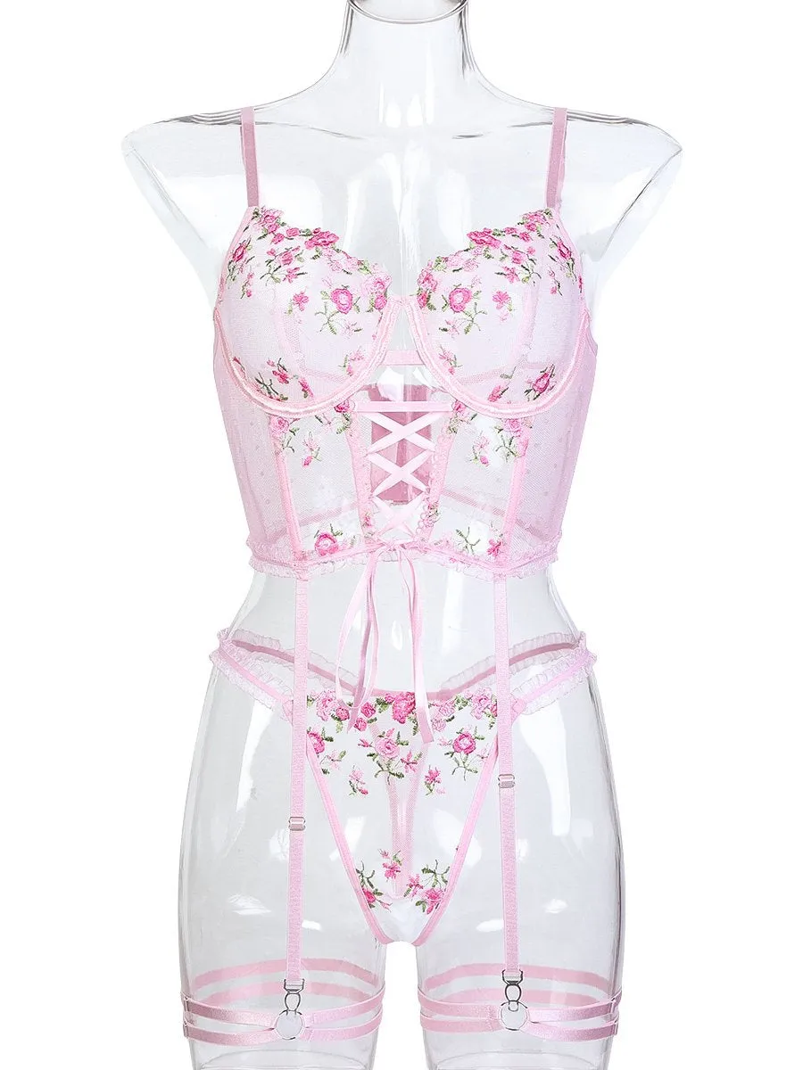 Pink Embroidery Floral Bustier Set