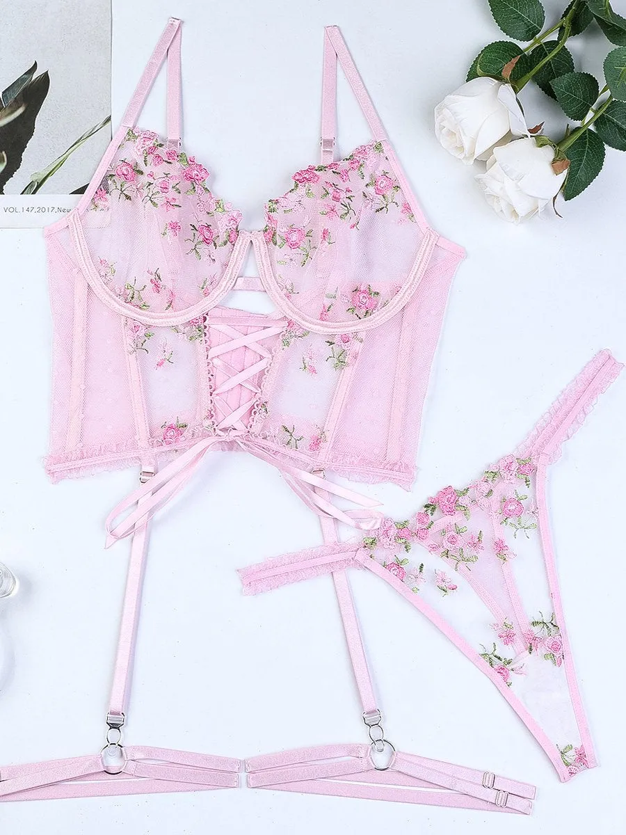 Pink Embroidery Floral Bustier Set