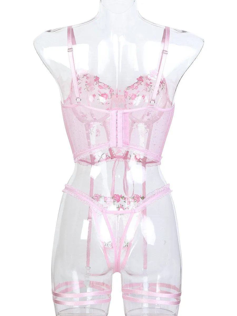 Pink Embroidery Floral Bustier Set