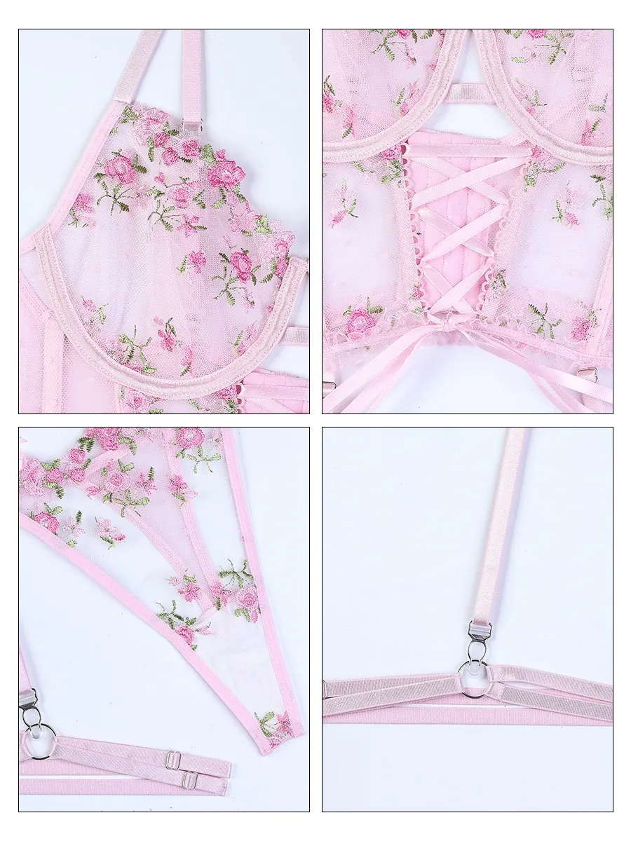 Pink Embroidery Floral Bustier Set