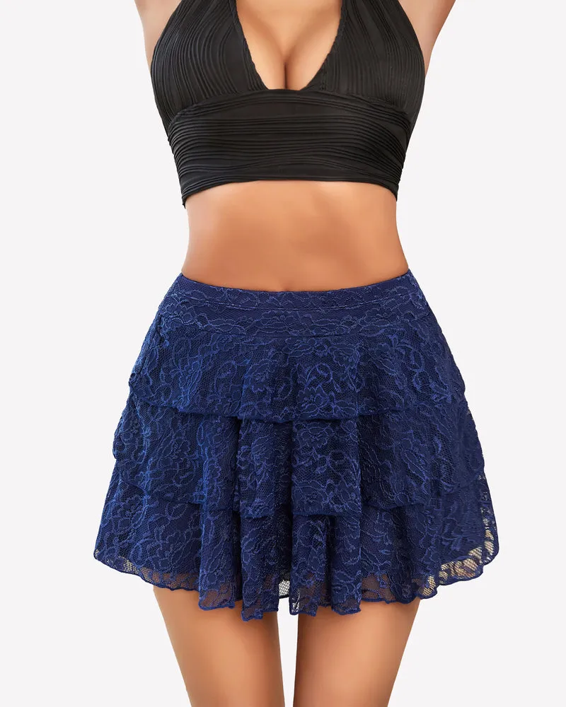 Pleated Mini Skirt Lace Ruffles Short Skirt