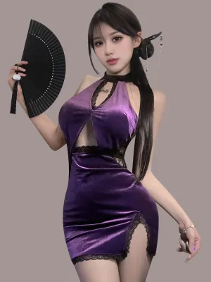 Purple Velvet Backless Cheongsam Dress