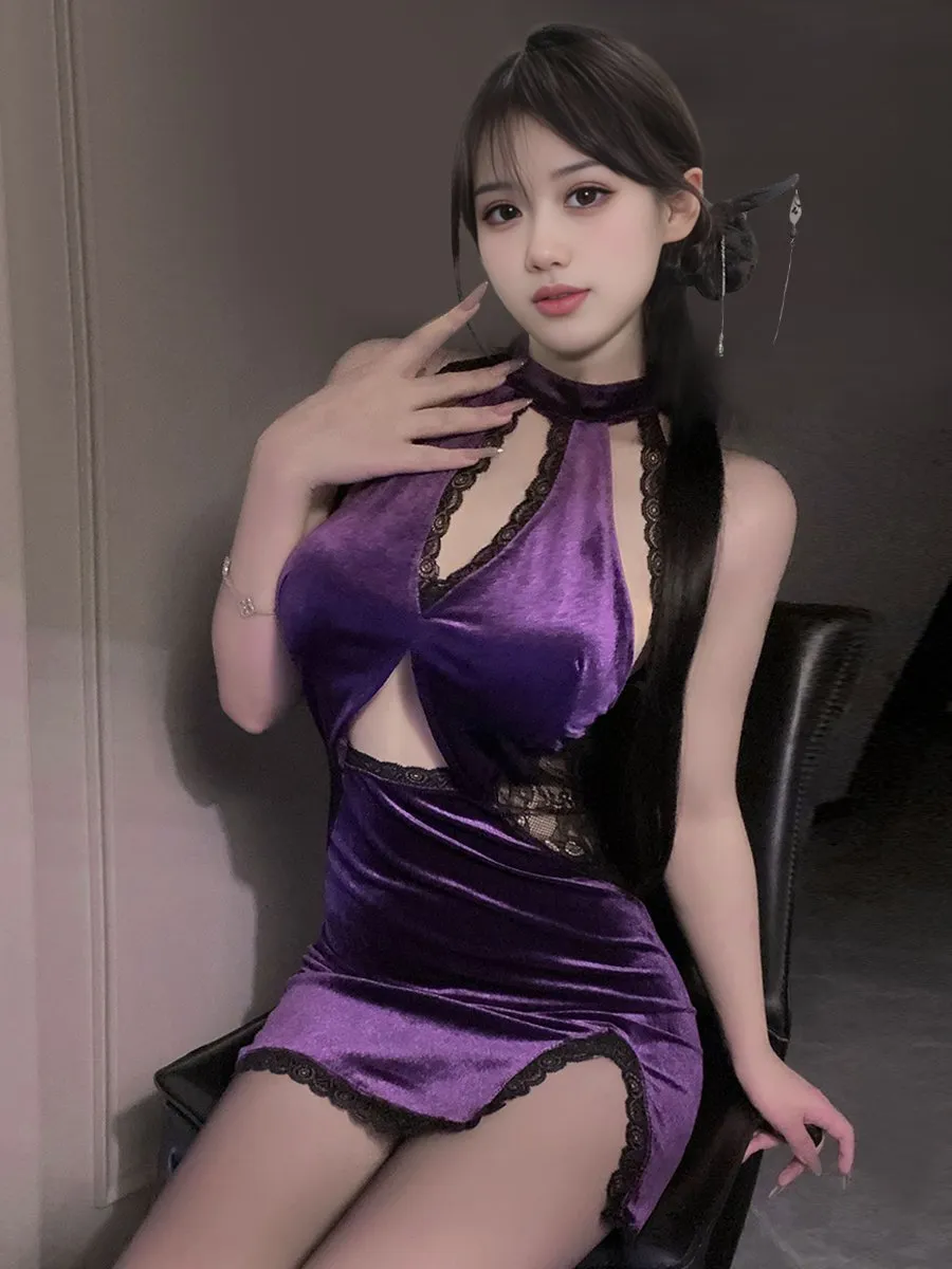 Purple Velvet Backless Cheongsam Dress