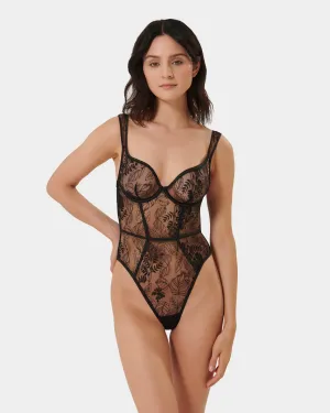 Seraphim Embroidered Sheer Bodysuit Black