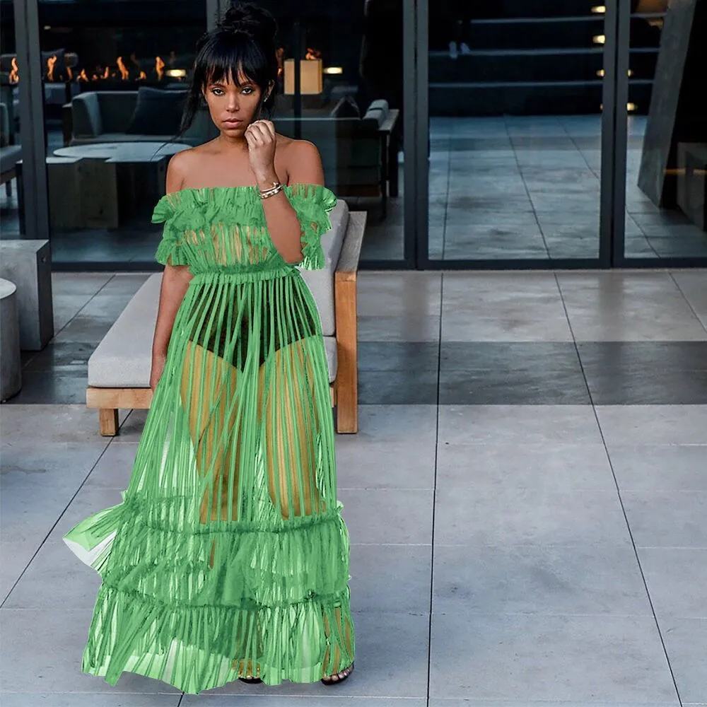 Sexy Long Skirt One-shoulder Sexy See-through Mesh Dress