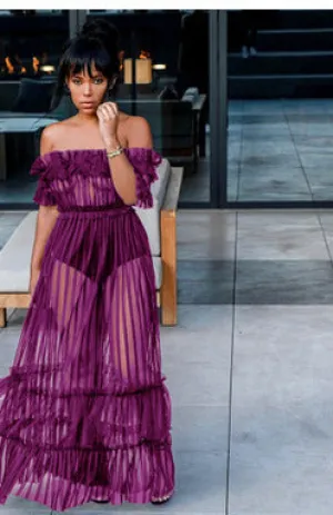 Sexy Long Skirt One-shoulder Sexy See-through Mesh Dress