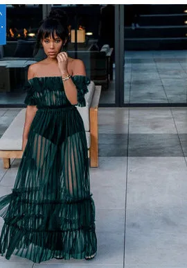 Sexy Long Skirt One-shoulder Sexy See-through Mesh Dress