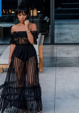 Sexy Long Skirt One-shoulder Sexy See-through Mesh Dress