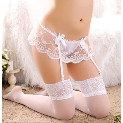Sexy Stockings Lingerie Lace Floral Top Sexy Suspenders Garter Belt Set for Women Transparent Thin Silk Thigh High Stockings