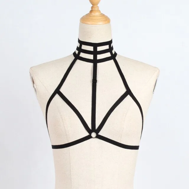 Sexy Women Gothic Cage Elastic Bandage  Choker Open Cup Bra Top Body Cross Crop Straps Bra