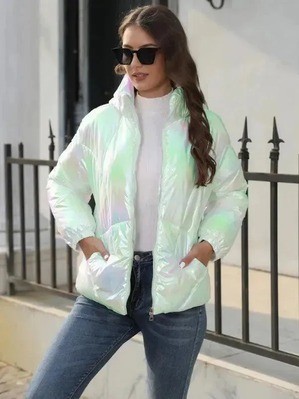 Shiny Hooded Women Parka Jacket