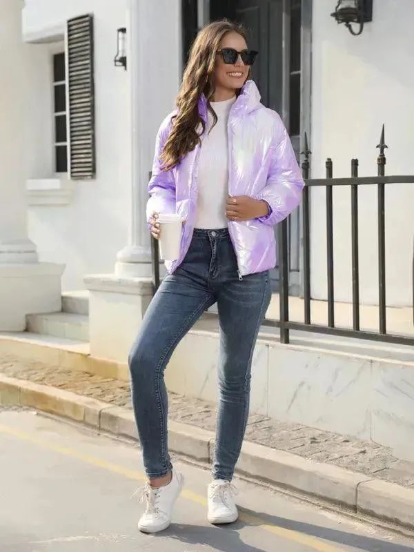 Shiny Hooded Women Parka Jacket