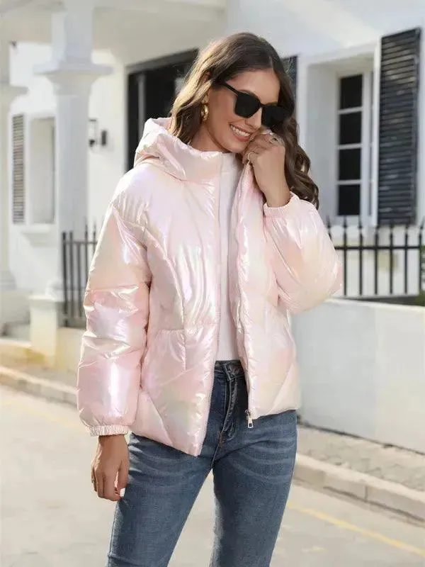 Shiny Hooded Women Parka Jacket