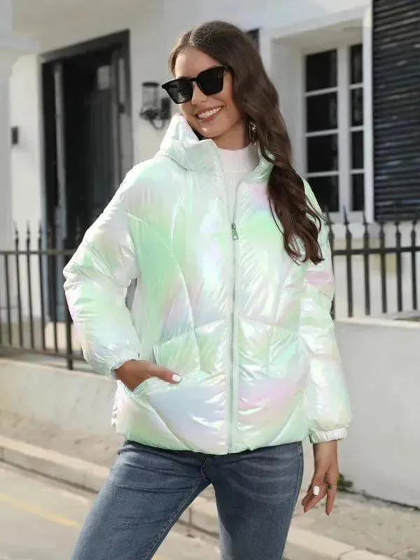 Shiny Hooded Women Parka Jacket