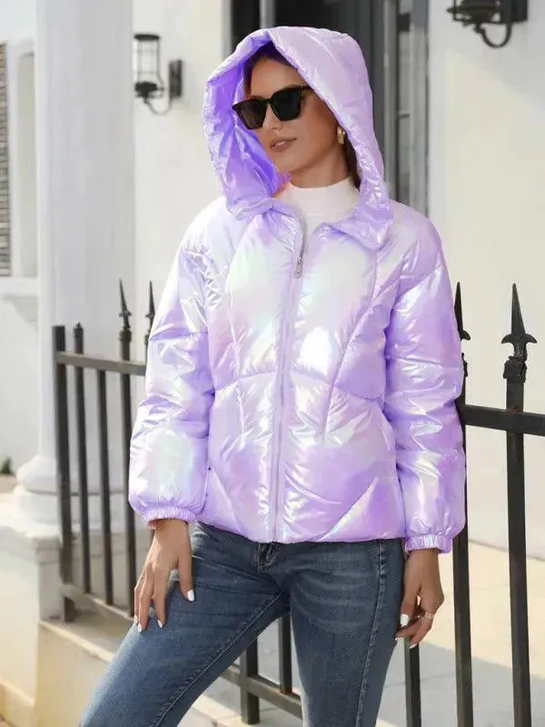 Shiny Hooded Women Parka Jacket