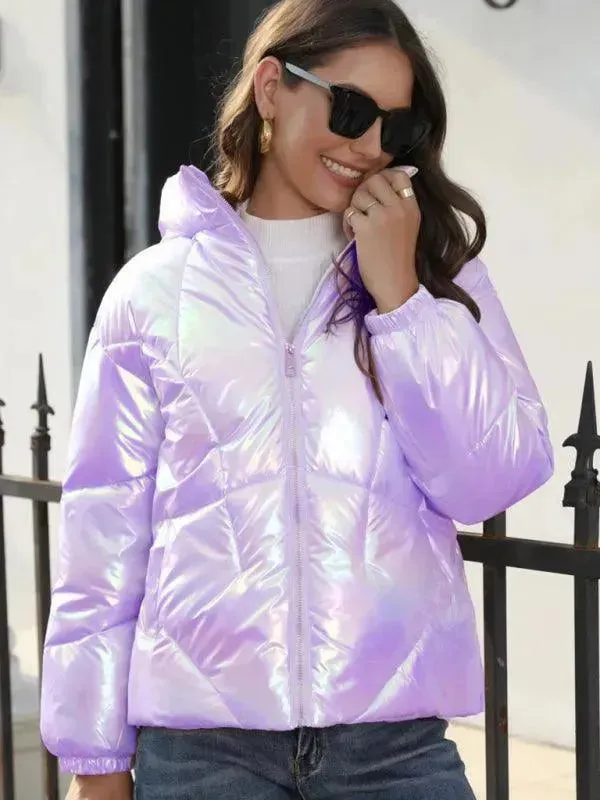 Shiny Hooded Women Parka Jacket