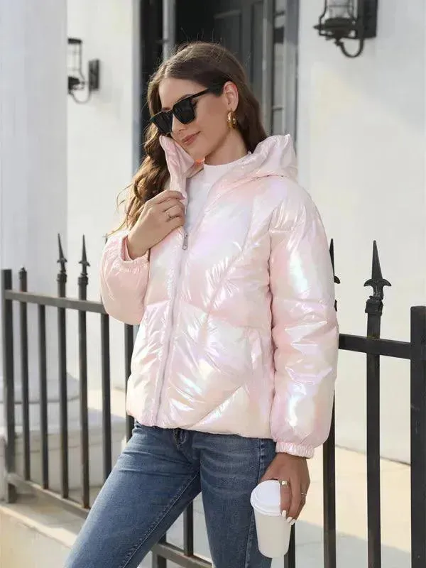 Shiny Hooded Women Parka Jacket