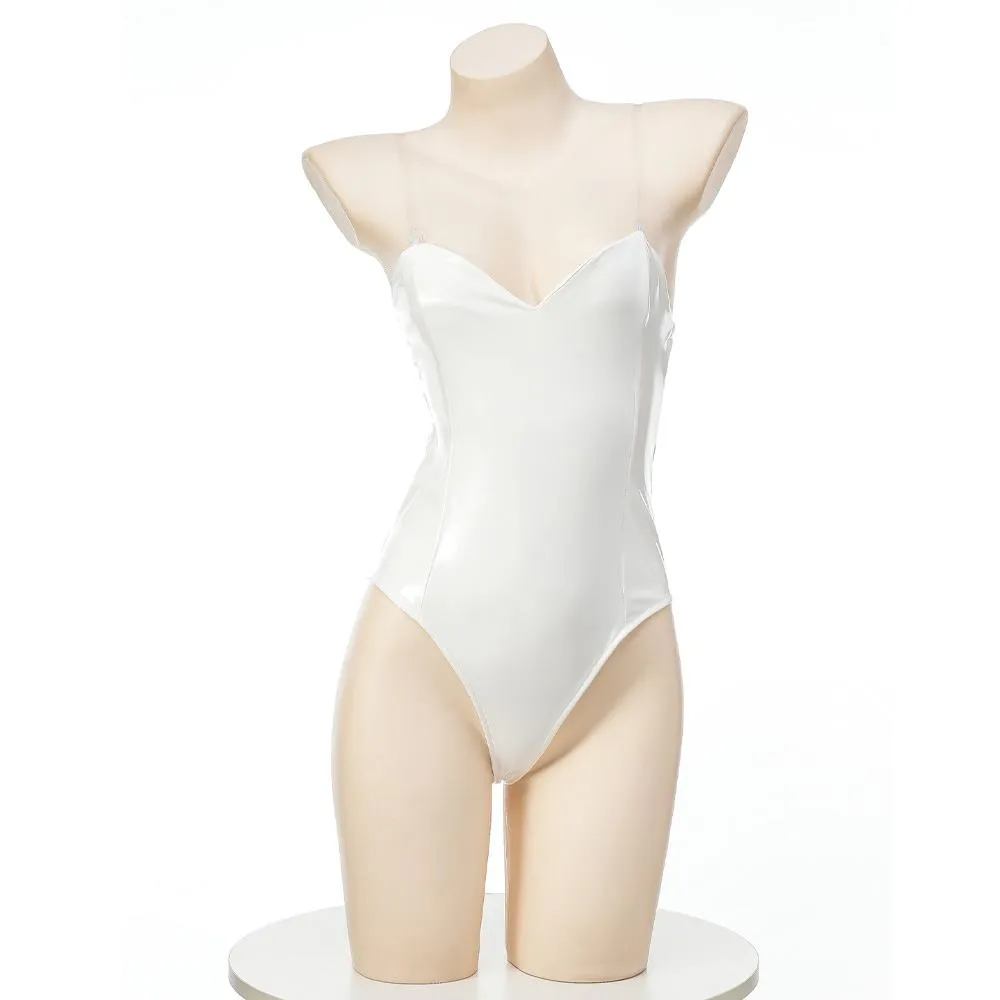 Shiny Latex Bodysuit Vinyl One Piece Strapless Lingerie White PU Leaher Romper