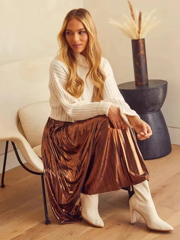 Shiny Pleated High-waisted A-line Plisse Skirt