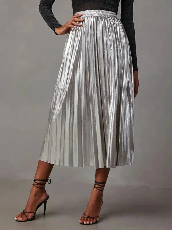 Shiny Pleated High-waisted A-line Plisse Skirt