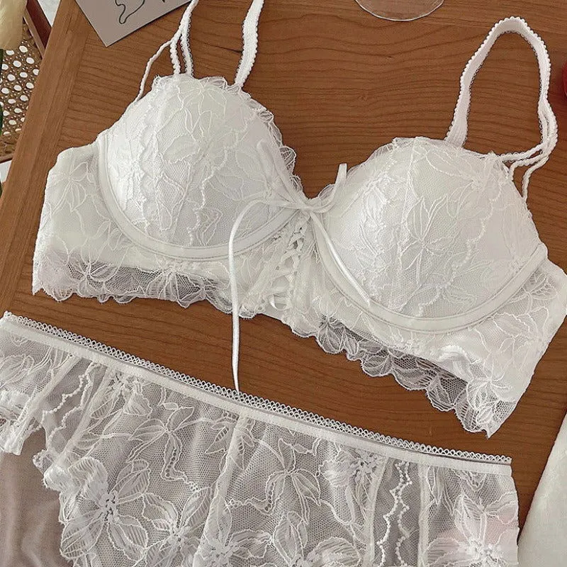 White Adjustable Strap Lacey Sexy Deep V Lingerie Set
