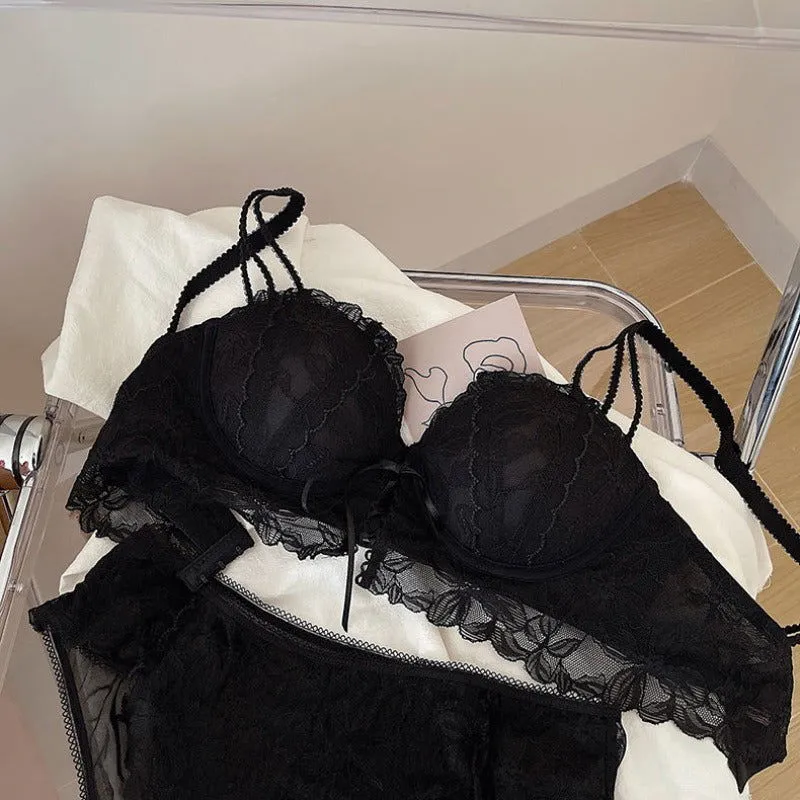 White Adjustable Strap Lacey Sexy Deep V Lingerie Set